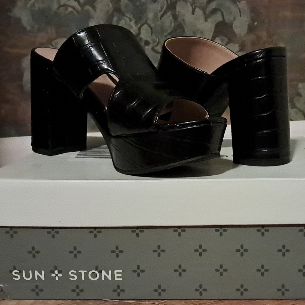 Sun + Stone Glossy Black Platform Sandals